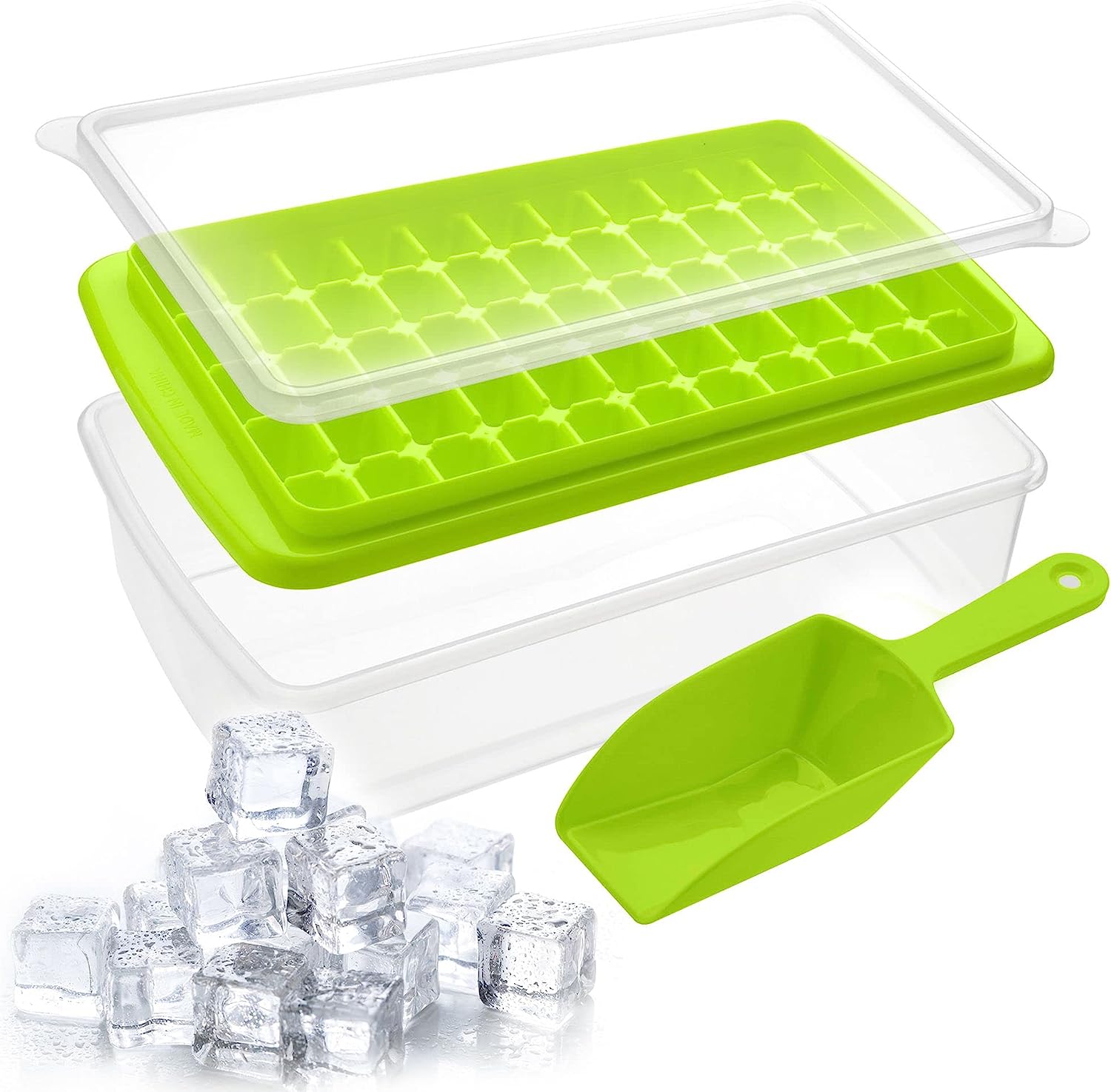 ARTLEO Ice Cube Tray with Lid and Bin for Freezer Easy Release 55 Nugget Ice Tray with Cover Storage Container Scoop Perfect Small Ice Cube Maker Tray