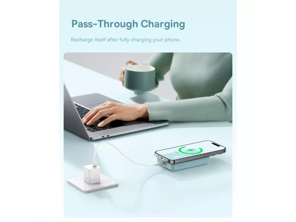 Baseus Mini Magnetic Power Bank 10000mAh 30W με MagSafe, Θύρα USB-C Power Delivery & Ασύρματη Φόρτιση, Sky Blue