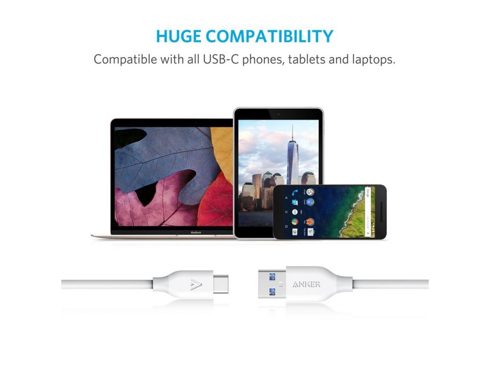 Anker Powerline USB-C σε USB 3.0, Καλώδιο 0,9μ. - A8163021, Λευκό