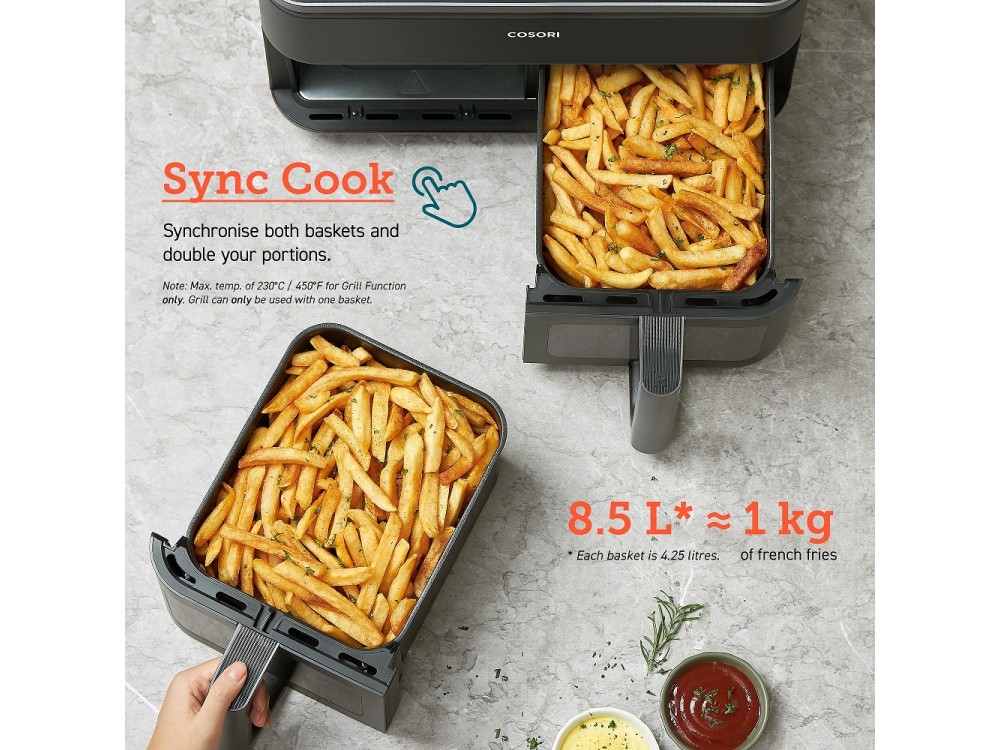 Cosori Dual Basket Air Fryer, Φριτέζα Αέρος XXL 8.5lt, με 2 Ξεχωριστούς Κάδους & Τζάμι Ελέγχου Ψησίματος, Έως 230°C