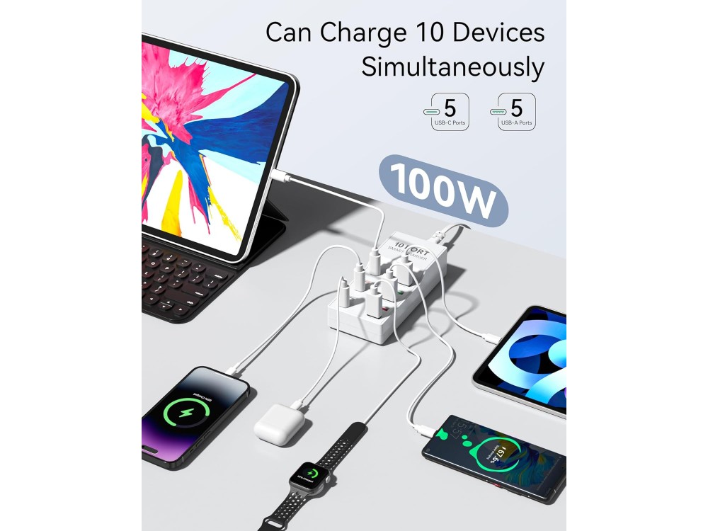 AJ Sparkit 10PD, 100W Charging Hub 10 Θυρών, με 5 Θύρες USB-C & 5 Θύρες USB-A, με Power Delivery 3.0 & Quick Charge, White