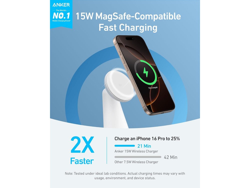 Anker MagGo 2-in-1 Qi2 MagSafe 15W, Wireless Magnetic Charger iPhone 16/15/14, AirPods with USB-C Cable, White