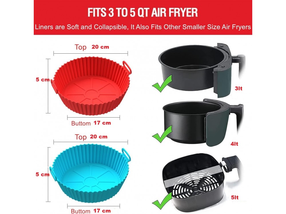 AJ Air Fryer Reusable Silicone Liner Round, Αντικολλητικά Μπολ ψησίματος για Air Fryer 20cm Στρογγυλά, Σετ των 2τμχ, Red / Blue