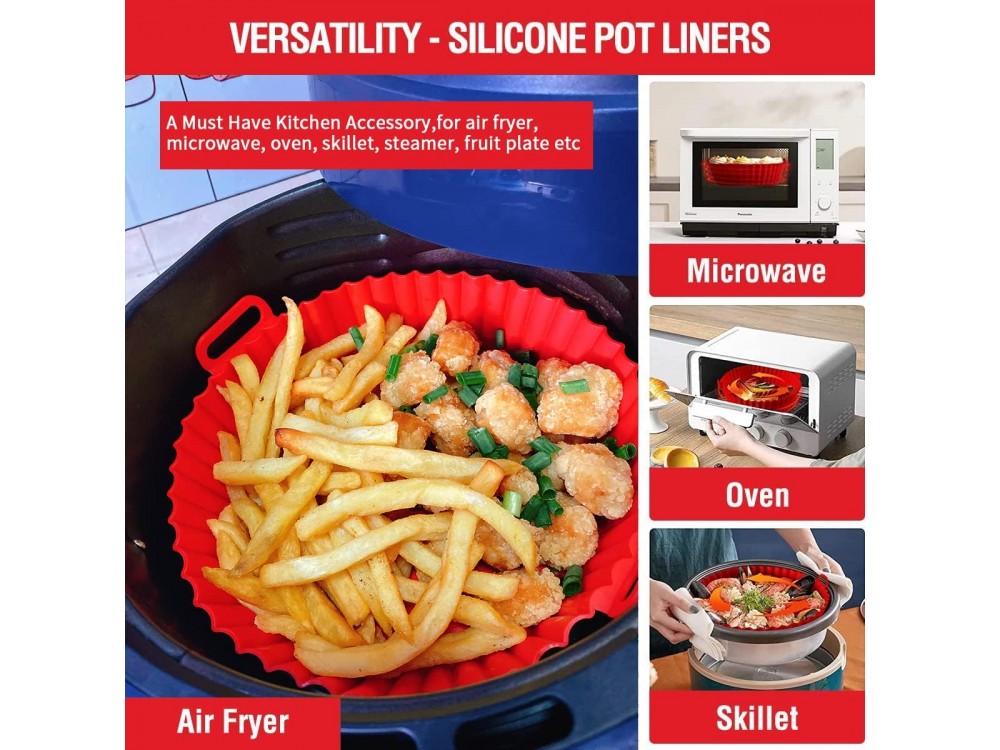 AJ Air Fryer Reusable Silicone Liner Round, Αντικολλητικά Μπολ ψησίματος για Air Fryer 20cm Στρογγυλά, Σετ των 2τμχ, Red / Blue