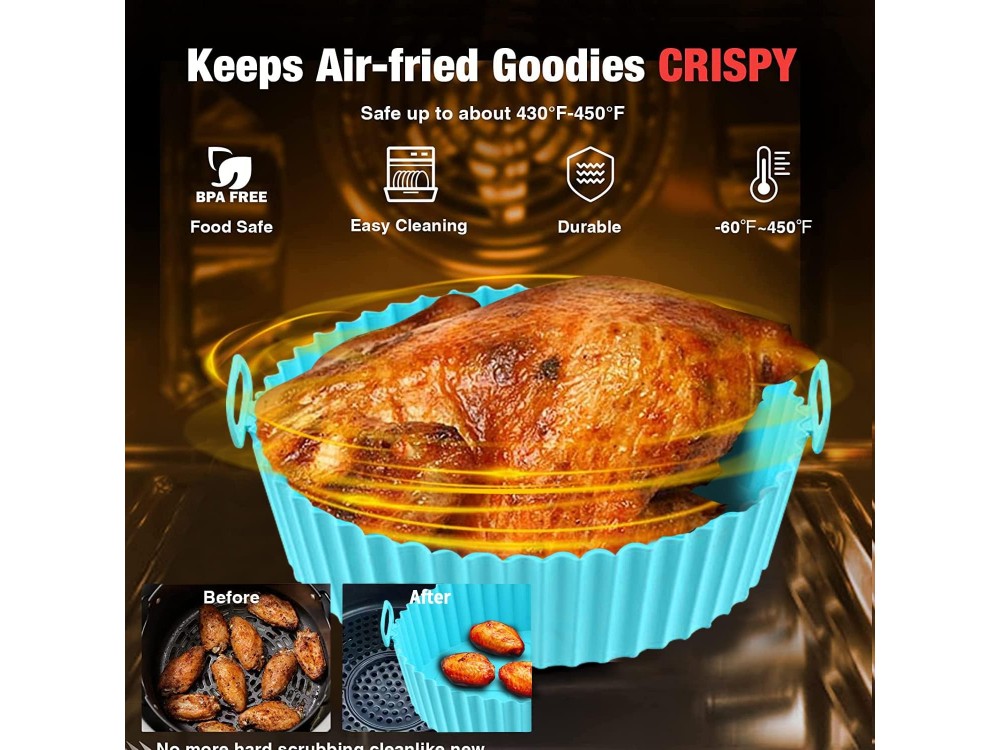 AJ Air Fryer Reusable Silicone Liner Round, Αντικολλητικά Μπολ ψησίματος για Air Fryer 20cm Στρογγυλά, Σετ των 2τμχ, Red / Blue