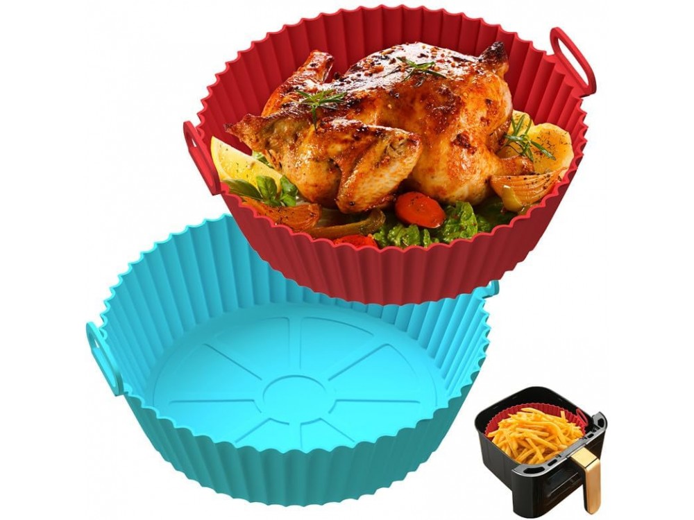 AJ Air Fryer Reusable Silicone Liner Round, Αντικολλητικά Μπολ ψησίματος για Air Fryer 20cm Στρογγυλά, Σετ των 2τμχ, Red / Blue