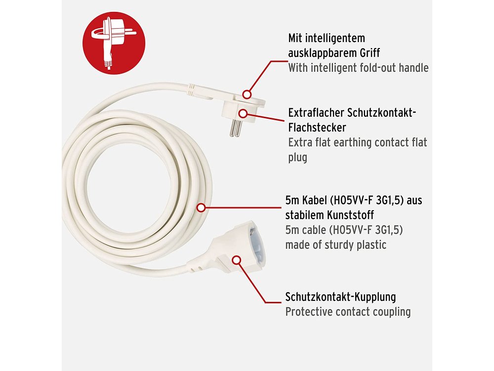 Brennenstuhl Balanteza 5m. Cable with Flat & Angle Plug, Schuko Angled Flat Plug Extension Cable 3x1.5mm², White