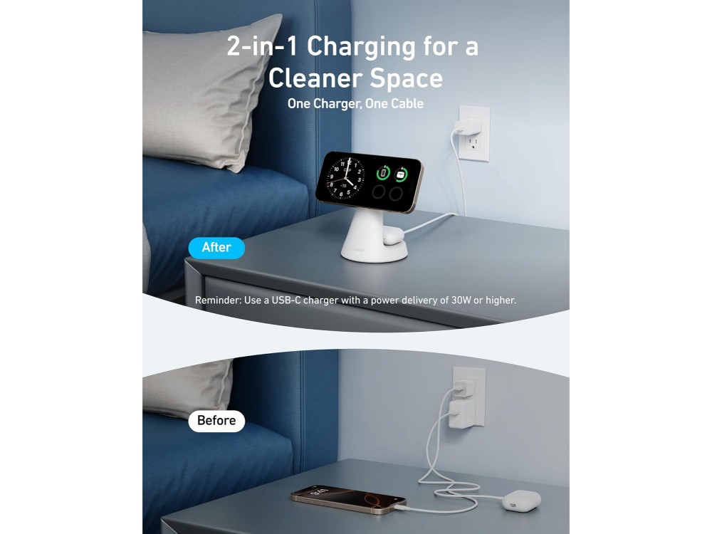 Anker MagGo 2-in-1 Qi2 MagSafe 15W, Wireless Magnetic Charger iPhone 16/15/14, AirPods with USB-C Cable, White