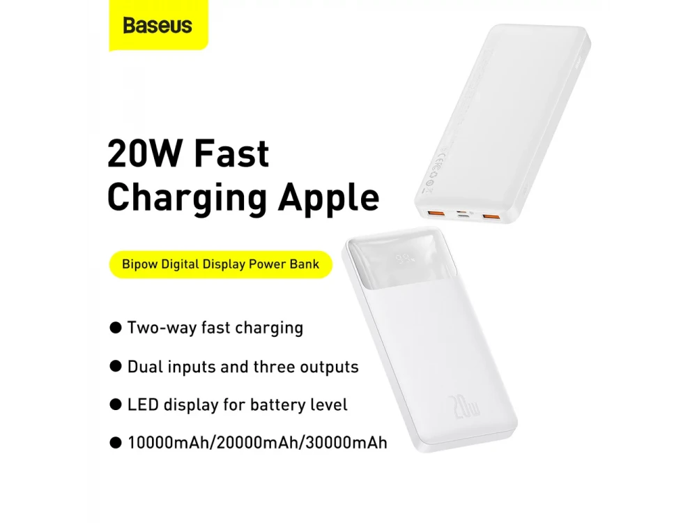 Baseus Bipow Overseas Edition Power Bank 10000mAh 20W with Power Delivery / QC3.0 & Micro USB Cable 25cm, White