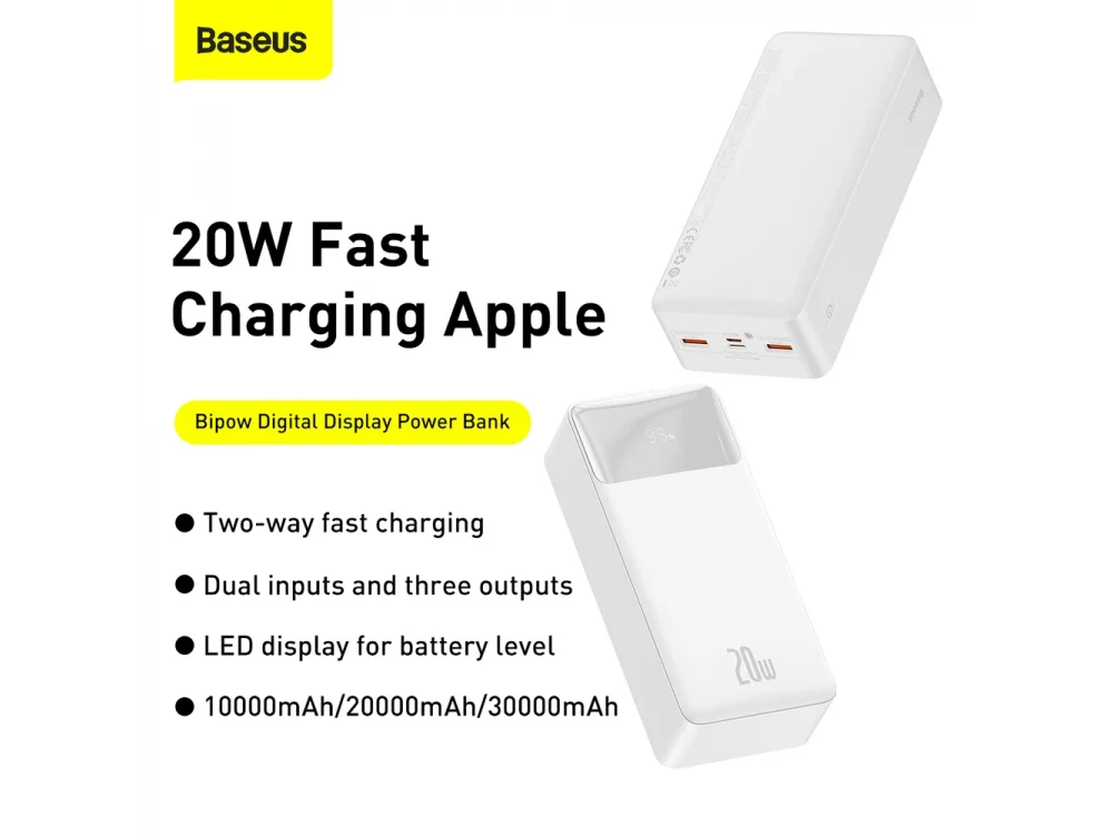 Baseus Bipow Overseas Edition Power Bank 30000mAh 20W with Power Delivery / QC3.0 & Micro USB Cable 25cm, White