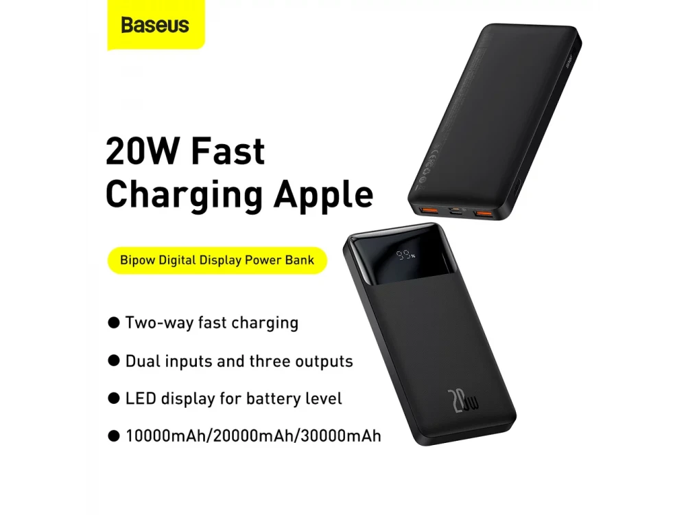 Baseus Bipow Overseas Edition Power Bank 10000mAh 20W με Power Delivery / QC3.0 & Micro USB Καλώδιο 25cm, Black