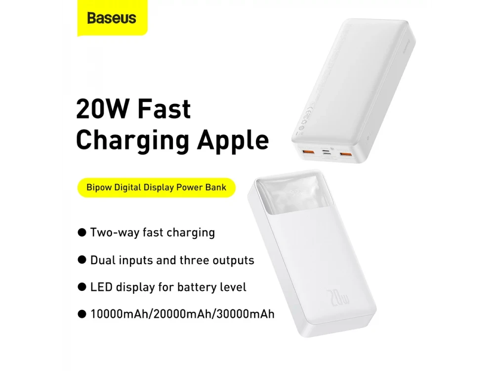 Baseus Bipow Overseas Edition Power Bank 20000mAh 20W με Power Delivery / QC3.0 & Micro USB Καλώδιο 25cm, White