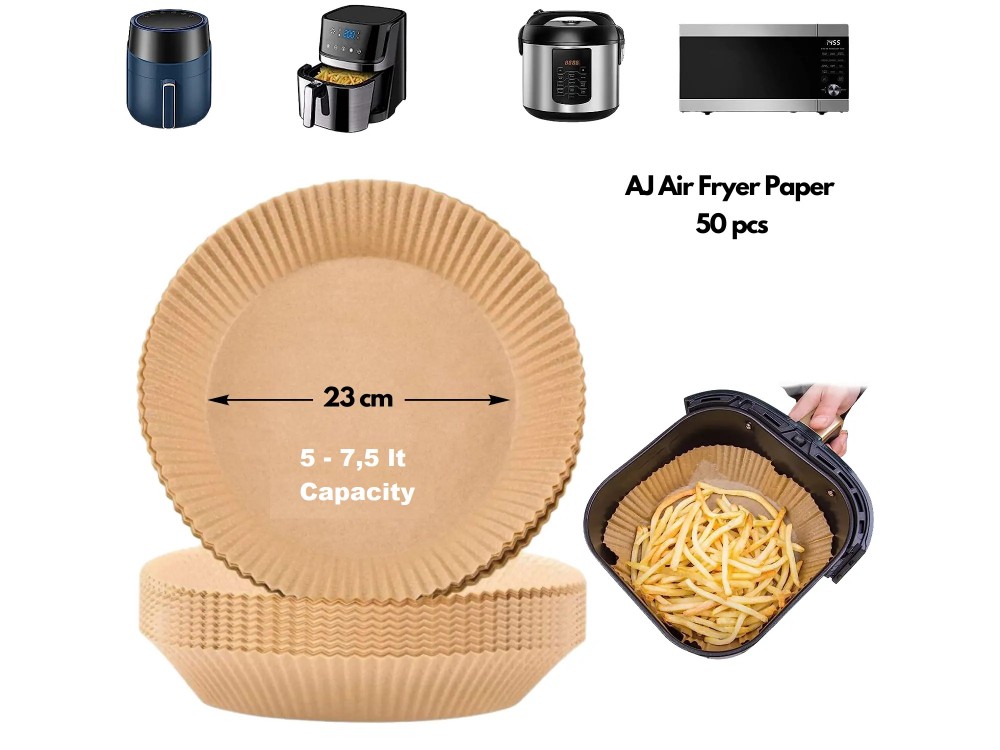 AJ Air Fryer Disposable Paper Liner Round, Αντικολλητικά χαρτιά ψησίματος για Air Fryer 23cm Στρογγυλά, Σετ των 50τμχ