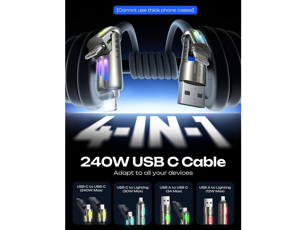 Lisen 4-in-1 Lightning / Type-C / USB-A Cable 2m 240W with RGB, Grey