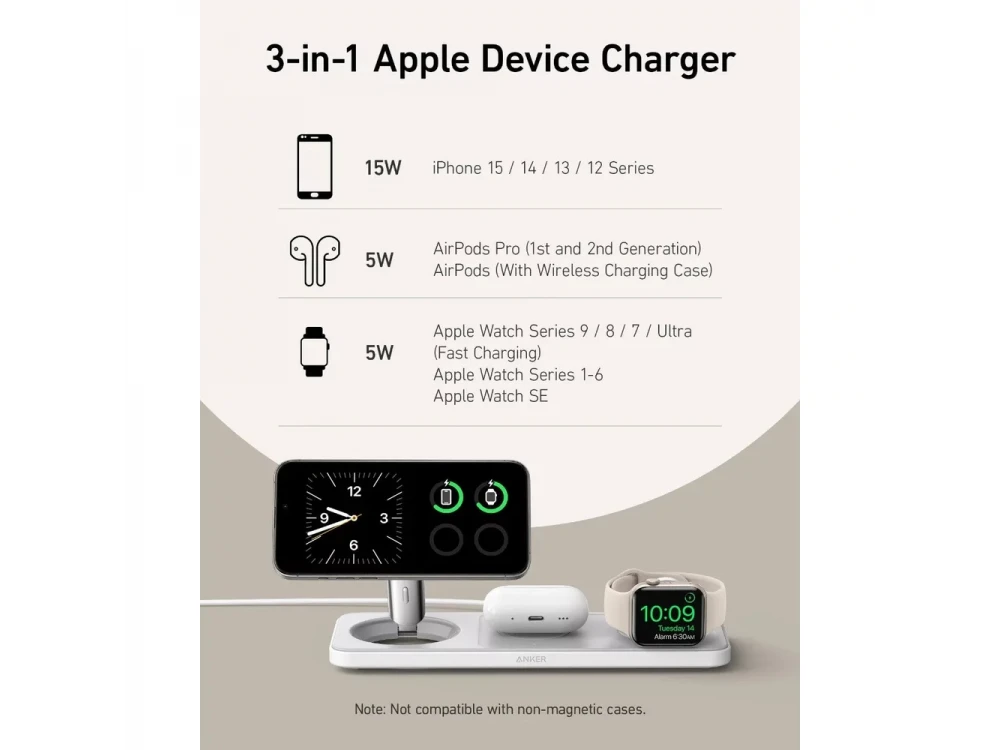 Anker MagGo Foldable 3-in-1 Qi2 Wireless Magnetic Charger for iPhone 14 / 15, AirPods & Apple Watch with Wall Charger, White