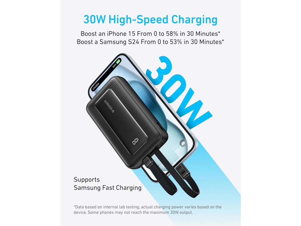 Anker Zolo Power Bank 10,000mAh, 30W, with USB-A, USB-C Ports & 2 Built-in USB-C & Lightning Cables, Black