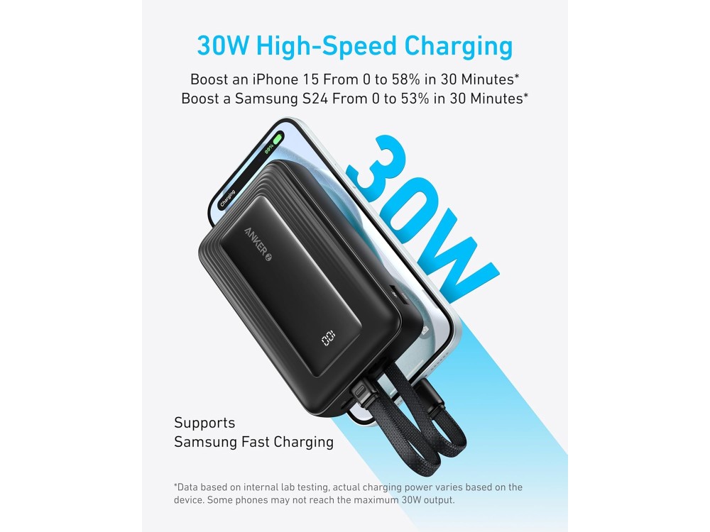 Anker Zolo Power Bank 20,000mAh, 30W, with USB-A, USB-C Ports & 2 Built-in USB-C & Lightning Cables, Black