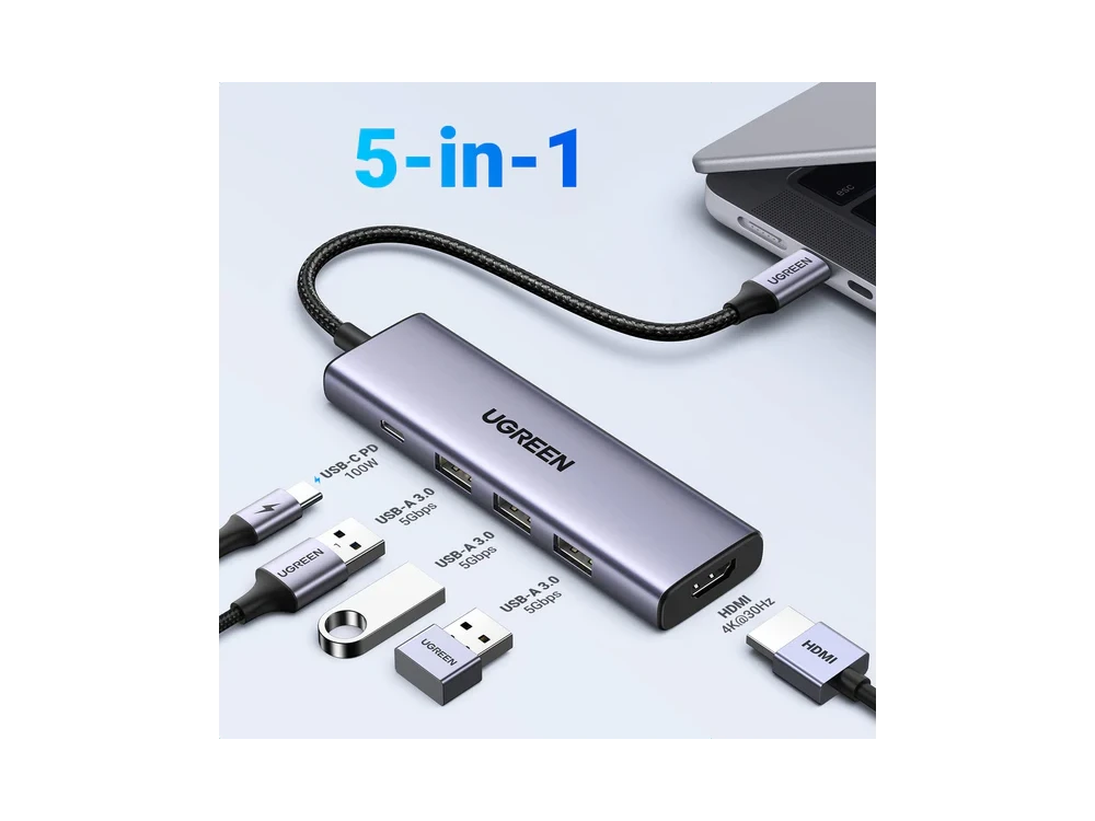 Ugreen 5-in-1 USB C Data Hub - HDMI/4K*1 + USB3.0*3 + 1*100W PD Charging