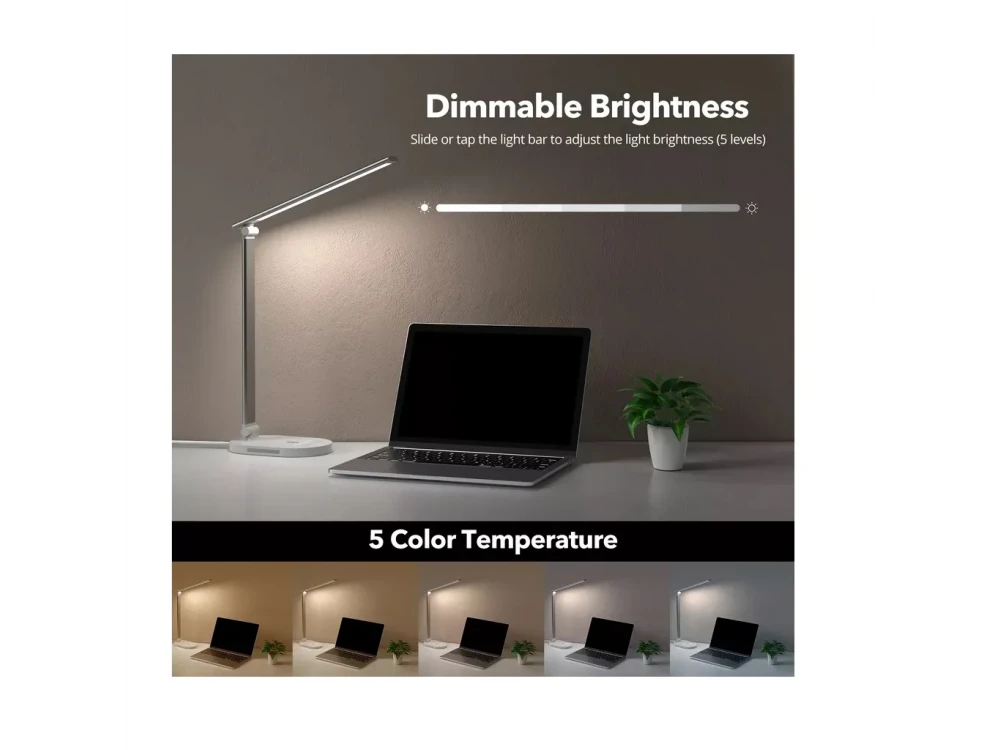 TaoTronics TT-DL1012 LED Desk Lamp with Touch Control & USB-C Port, 5 Color Modes, 5 Brightness Levels, Aluminum, White