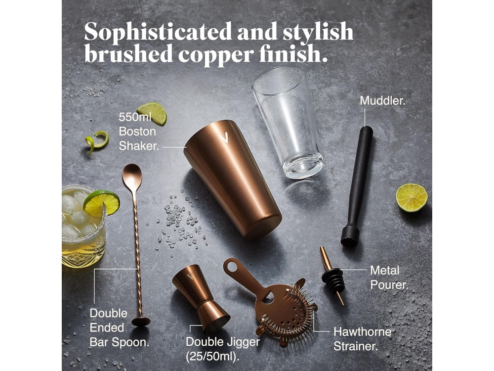 VonShef Copper Cocktail Set 6pcs., Stainless Steel Cocktail Set with 550ml Shaker, Warm Copper