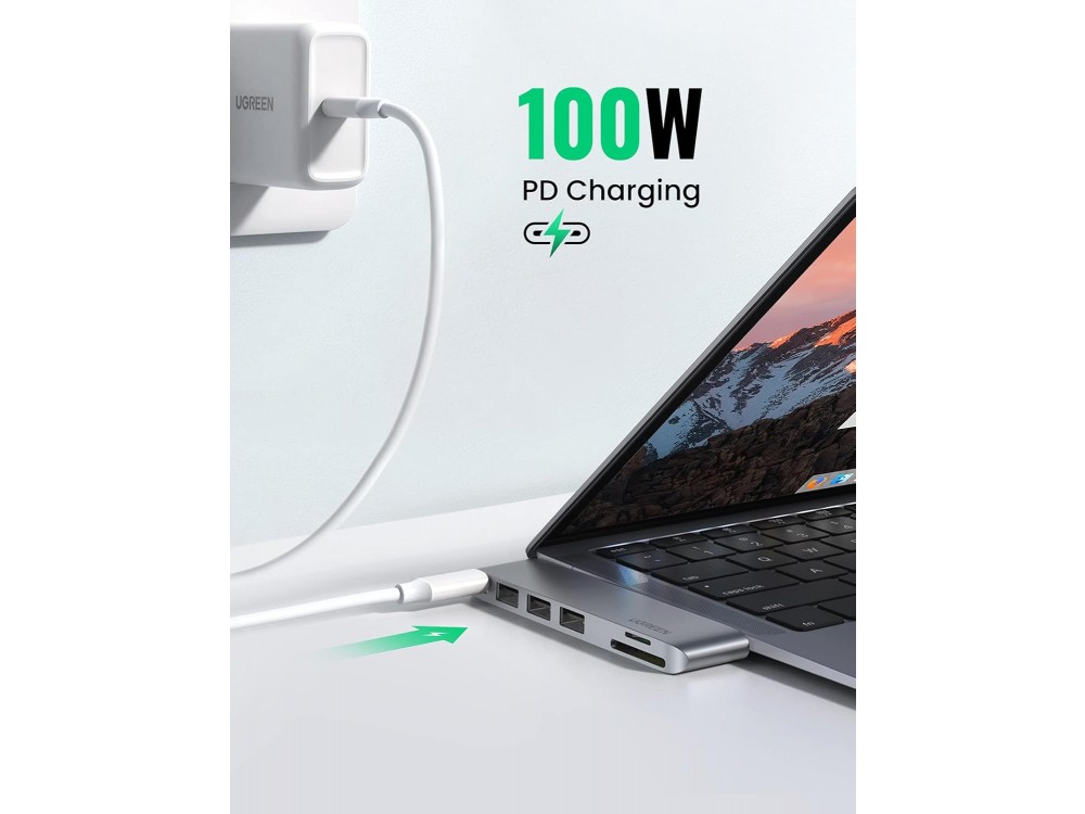 Ugreen 6-in-2 Type-C Pro Hub for Macbook Pro / Air 100W with 1 * Thunderbolt 3 Type-C + 3*USB3.0 Ports + Card reader, Silver