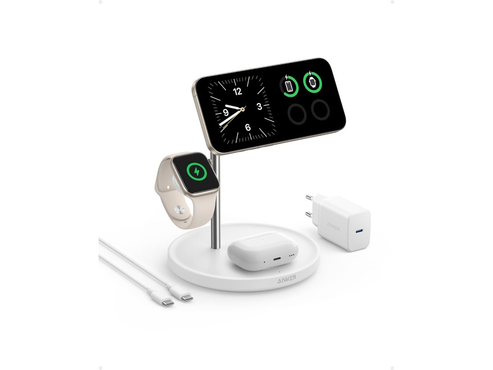 Anker MagGo 3-in-1 Qi2 MagSafe Wireless Charger for iPhone 14 / 15, AirPods & Apple Watch, Set with Wall Charger, White