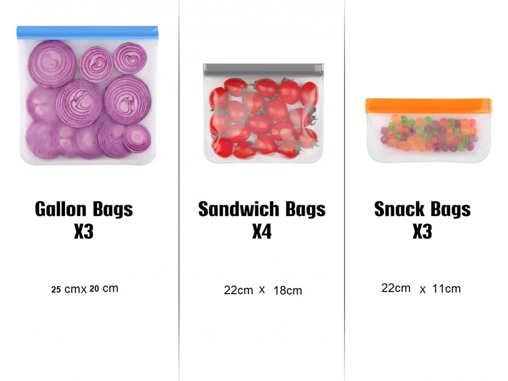 AJ 10-Pack Reusable Food Bags, Επαναχρησιμοποιούμενες σακούλες Τροφίμων BPA Free, σε 3 Μεγέθη, Σετ των 10τμχ