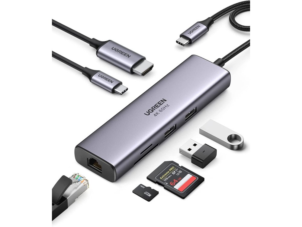 Ugreen 6-in-1 USB-C Data Hub with 4K@60Hz HDMI + 2*USB3.0 Θύρες + RJ45 Gigabit Ethernet LAN + 100W PD Charging - 60515