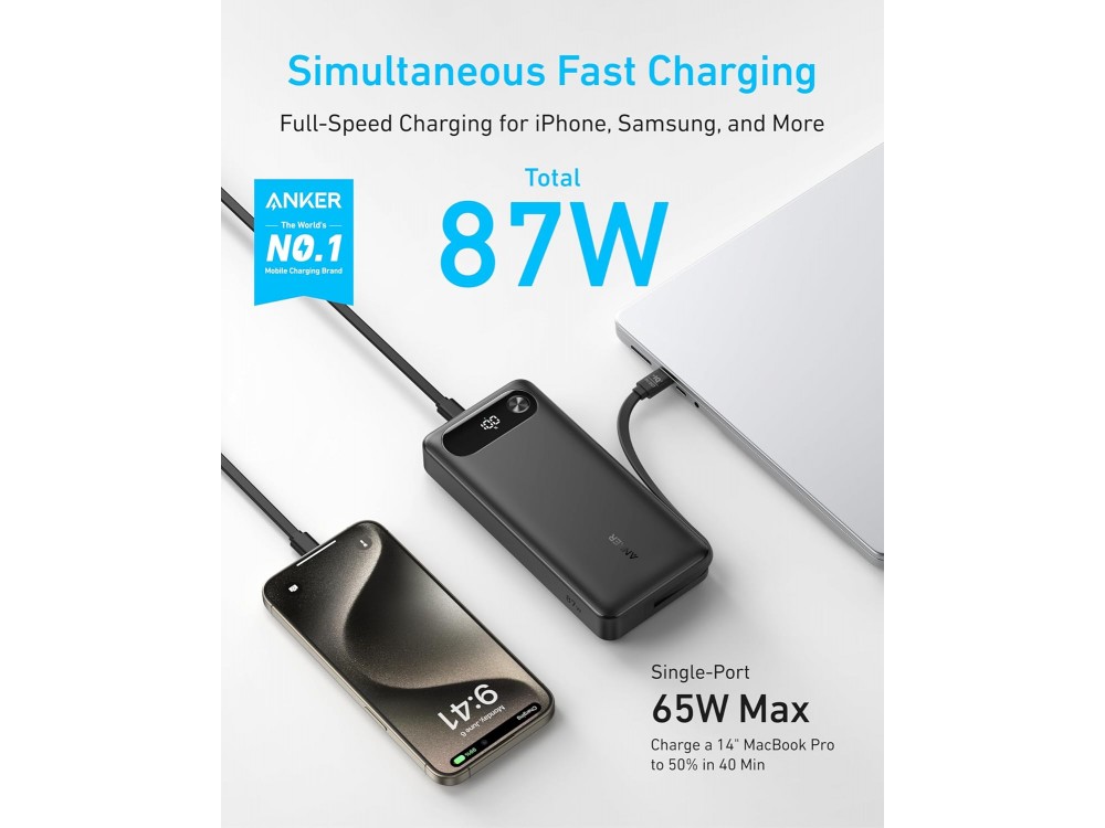 Anker 20K USB-C Power Bank 20.000mAh, 87W με Θύρα USB-A, 2 Θύρες USB-C & Ενσωματωμένο Καλώδιο USB-C, Black