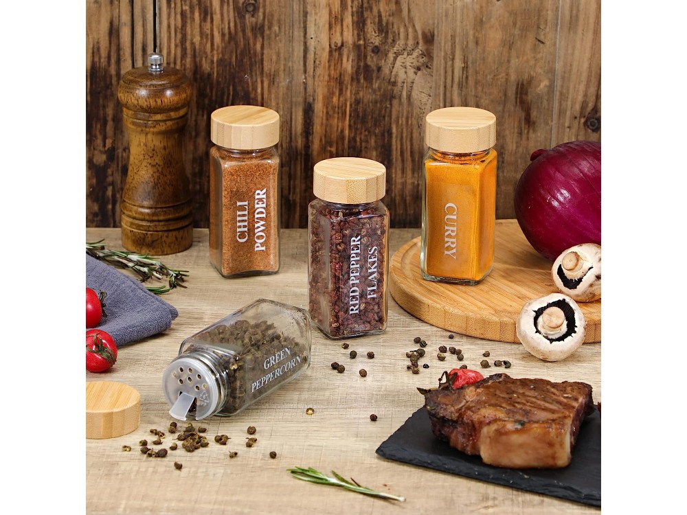 AJ 24-Pack Spice Jars with Labels, Θήκες Μπαχαρικών Γυάλινες με Καπάκια από Μπαμπού, Σετ των 24τμχ με Ετικέτες & Χωνί