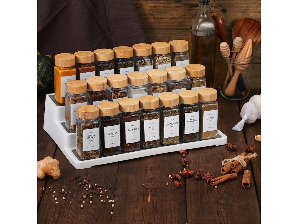 AJ 24-Pack Spice Jars with Labels, Θήκες Μπαχαρικών Γυάλινες με Καπάκια από Μπαμπού, Σετ των 24τμχ με Ετικέτες & Χωνί