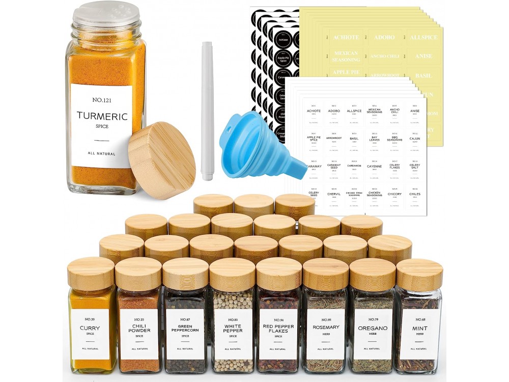 AJ 24-Pack Spice Jars with Labels, Θήκες Μπαχαρικών Γυάλινες με Καπάκια από Μπαμπού, Σετ των 24τμχ με Ετικέτες & Χωνί