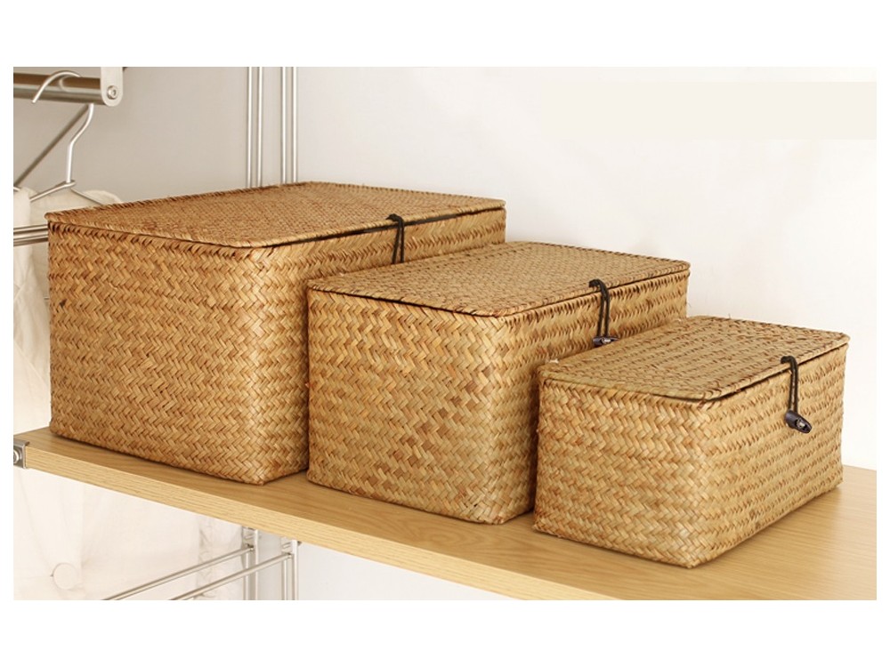 AJ 3-Pack Seagrass Storage Baskets with Lid, Καλάθια Αποθήκευσης Ψάθινα Ορθογώνια με Καπάκι, Σετ των 3τμχ (S+M+L), Brown