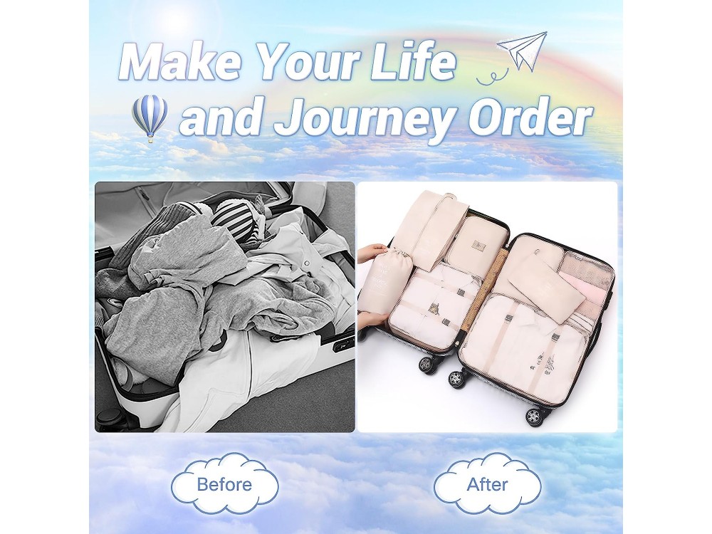 AJ 8-Pack Travel Packing Cubes for Suitcases, Θήκες Ρούχων για Ταξίδι, Σετ των 8τμχ (Διάφορα Μεγέθη), Beige