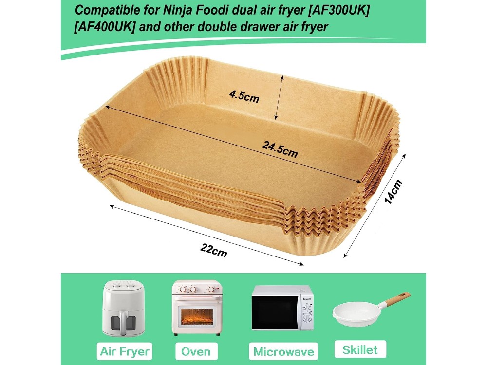 AJ Air Fryer Disposable Paper Liner Rectangle, for Dual Air Fryer 22cm Rectangular, Set of 50pcs