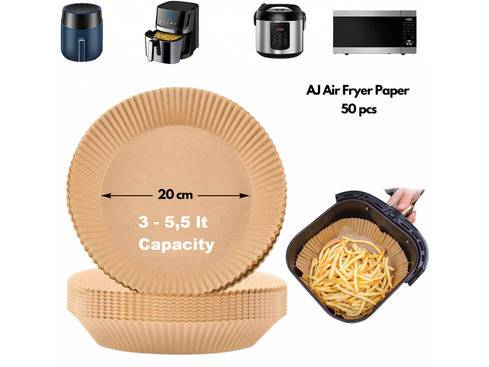 AJ Air Fryer Disposable Paper Liner Round, Αντικολλητικά χαρτιά ψησίματος για Air Fryer 20cm Στρογγυλά, Σετ των 50τμχ