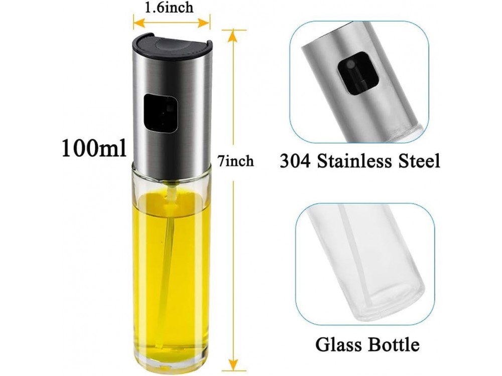 AJ Oil Sprayer for Cooking 100ml, Δοχείο Λαδιού Σπρέι Γυάλινο, Σετ με Βούρτσα Καθαρισμού & Χωνί