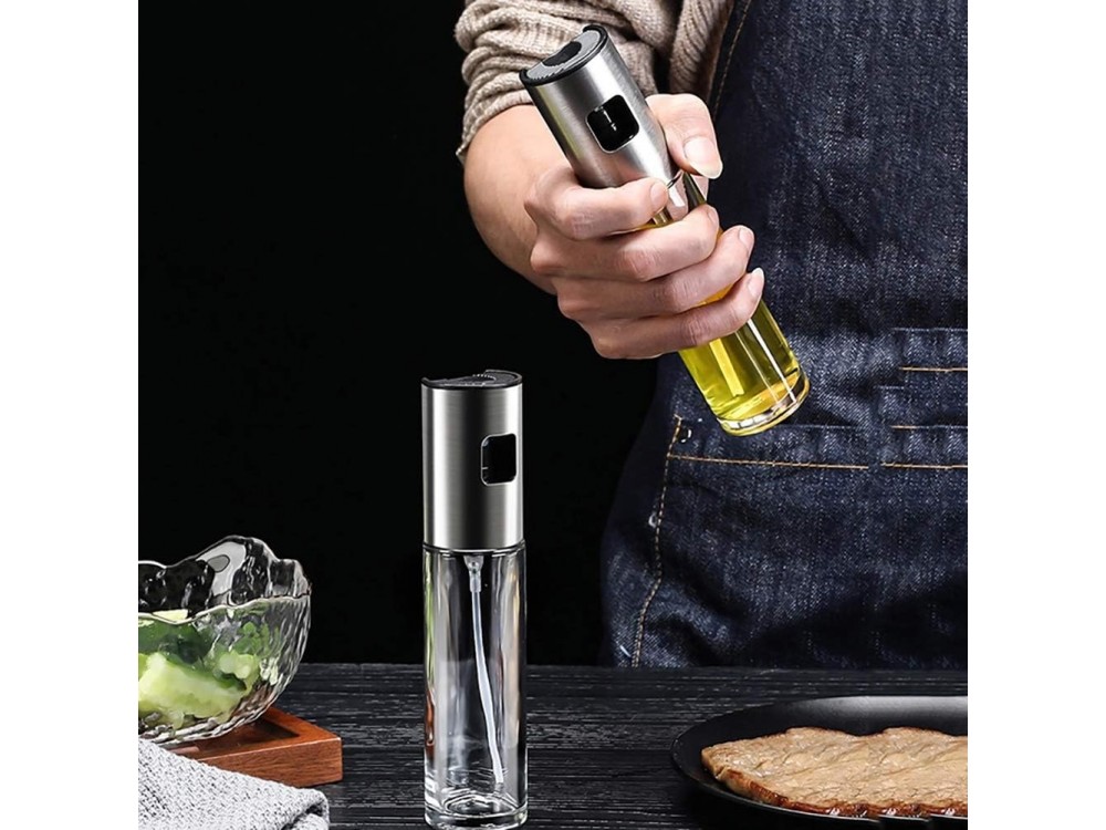 AJ Oil Sprayer for Cooking 100ml, Δοχείο Λαδιού Σπρέι Γυάλινο, Σετ με Βούρτσα Καθαρισμού & Χωνί