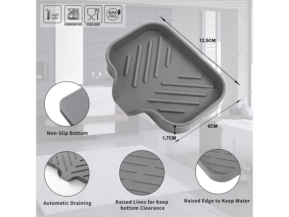 AJ Silicone Bathroom Soap Dish with Drain Spout 12x10cm, Θήκη Νεροχύτη από Σιλικόνη Small, Grey