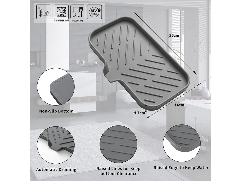 AJ Silicone Bathroom Soap Dish with Drain Spout 25x14cm, Θήκη Νεροχύτη από Σιλικόνη Large, Grey