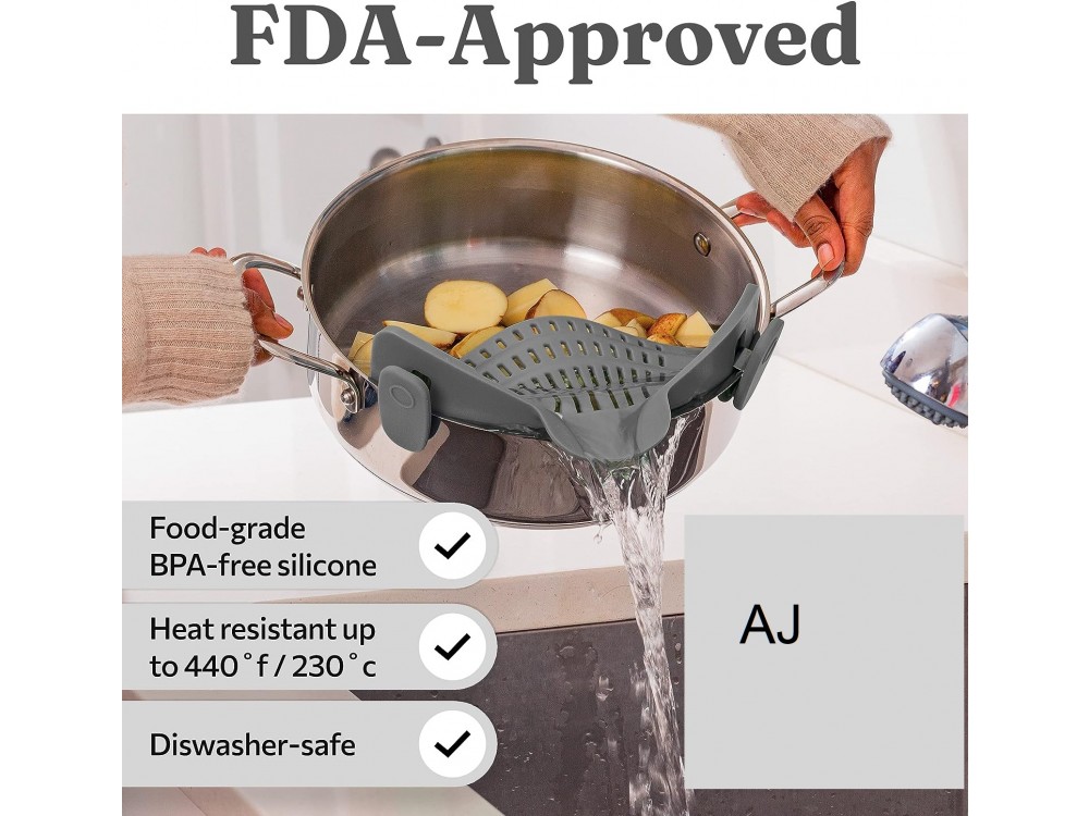 AJ Silicone Clip On Pot & Pasta Strainer, Σουρωτήρι Κατσαρόλας & Ζυμαρικών, Grey