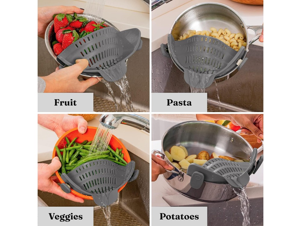 AJ Silicone Clip On Pot & Pasta Strainer, Σουρωτήρι Κατσαρόλας & Ζυμαρικών, Grey