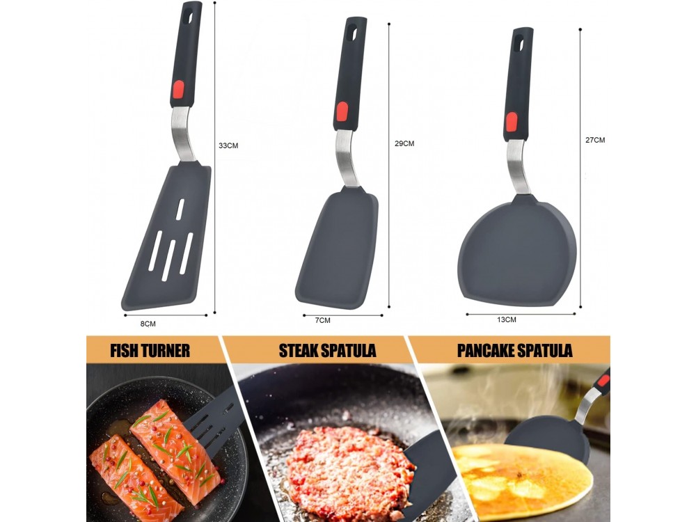 AJ Silicone Spatula Turner, Σπάτουλες Μαγειρικής Αντικολλητικές με Αντοχή σε έως 315 °C, Σετ των 3τμχ