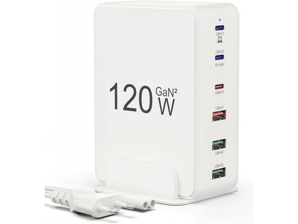 AJ Sparkit 6PD GaN2, 120W Charging Hub 6 Θυρών, με 3 Θύρες USB-C & 3 Θύρες USB-A, με Power Delivery 3.0 & Quick Charge, White