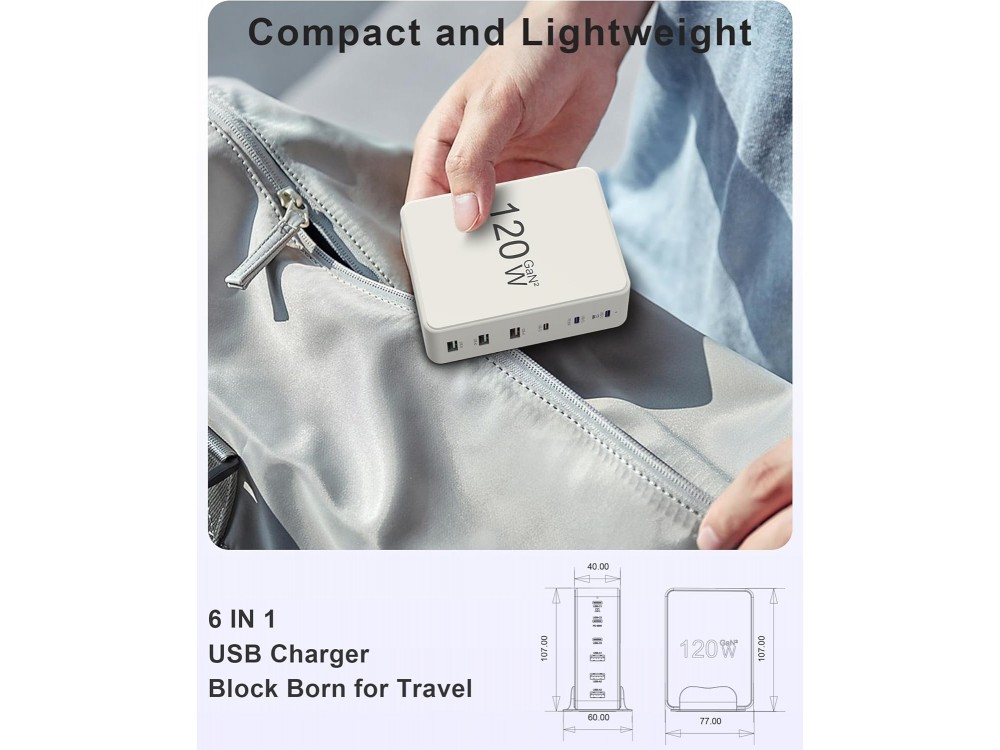 AJ Sparkit 6PD GaN2, 120W Charging Hub 6 Θυρών, με 3 Θύρες USB-C & 3 Θύρες USB-A, με Power Delivery 3.0 & Quick Charge, White