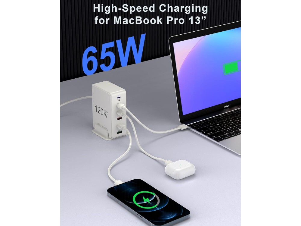 AJ Sparkit 6PD GaN2, 120W Charging Hub 6 Θυρών, με 3 Θύρες USB-C & 3 Θύρες USB-A, με Power Delivery 3.0 & Quick Charge, White