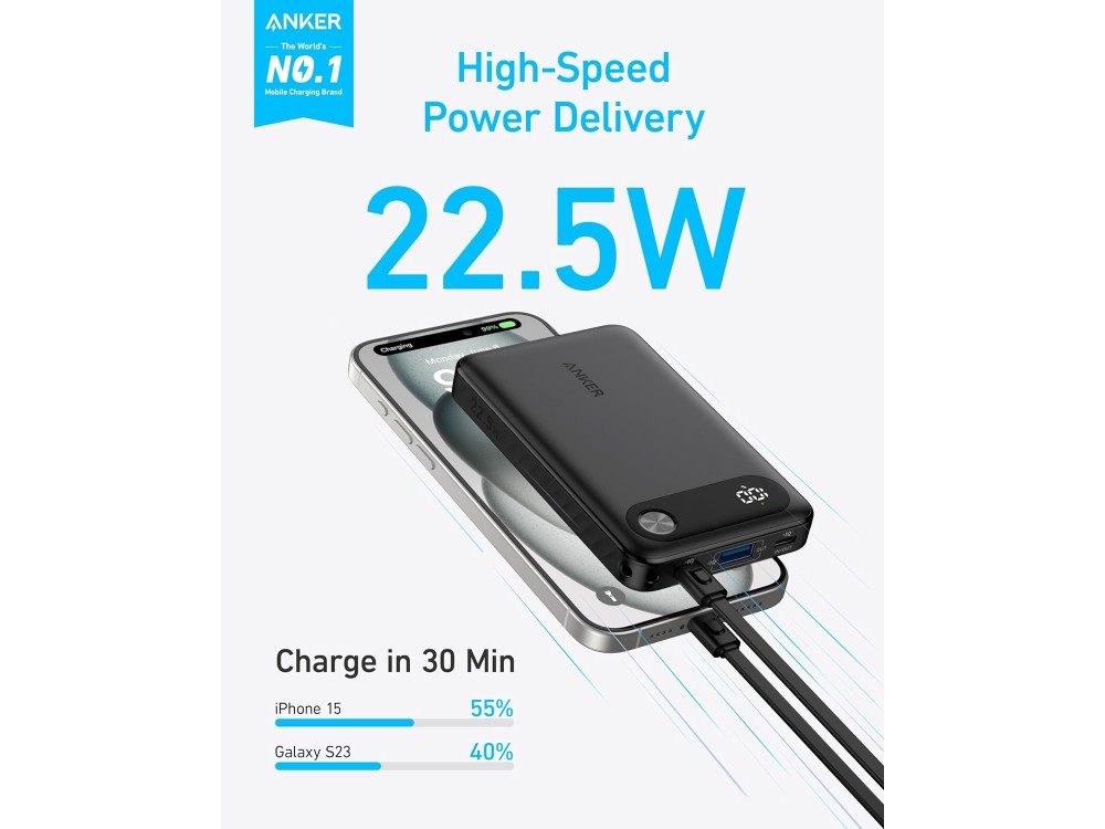 Anker Power Bank 10k mAh, 22.5W, PowerIQ, PD, με Ενσωματωμένο Καλώδιο USB-C σε USB-C, 2x USB-C & 1x USB-A Ports, Black