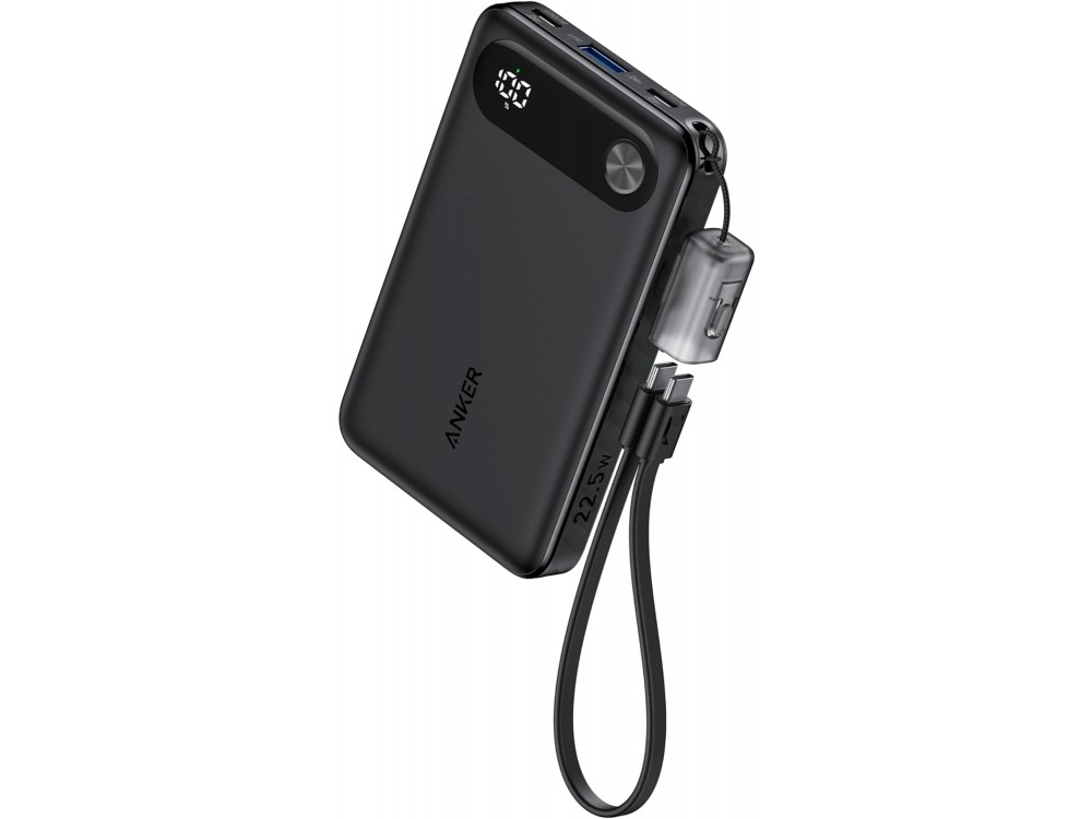 Anker Power Bank 10k mAh, 22.5W, PowerIQ, PD, με Ενσωματωμένο Καλώδιο USB-C σε USB-C, 2x USB-C & 1x USB-A Ports, Black