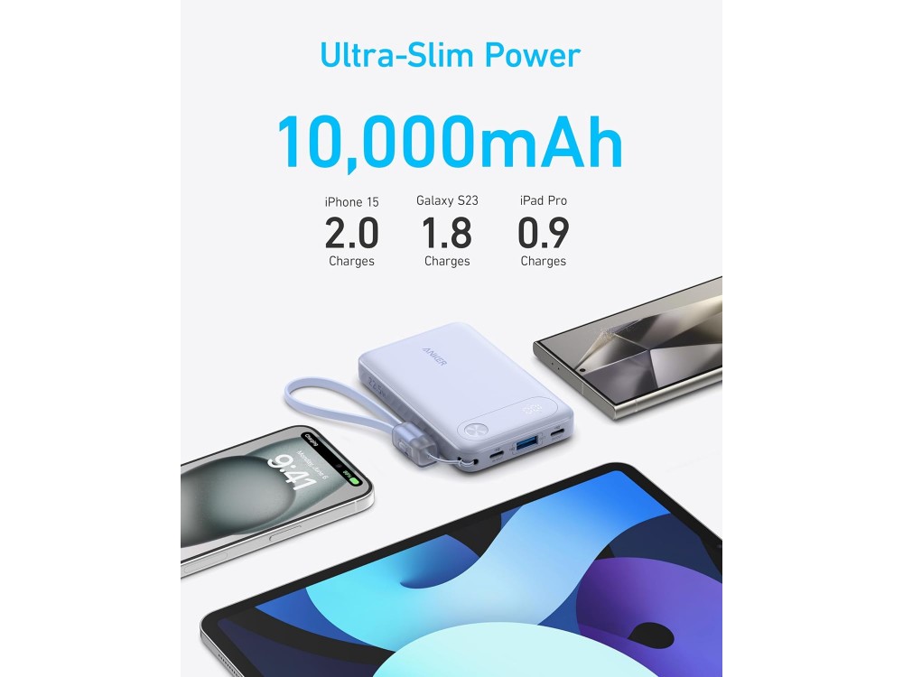 Anker Power Bank 10k mAh, 22.5W, PowerIQ, PD, με Ενσωματωμένο Καλώδιο USB-C σε USB-C, 2x USB-C & 1x USB-A Ports, Black