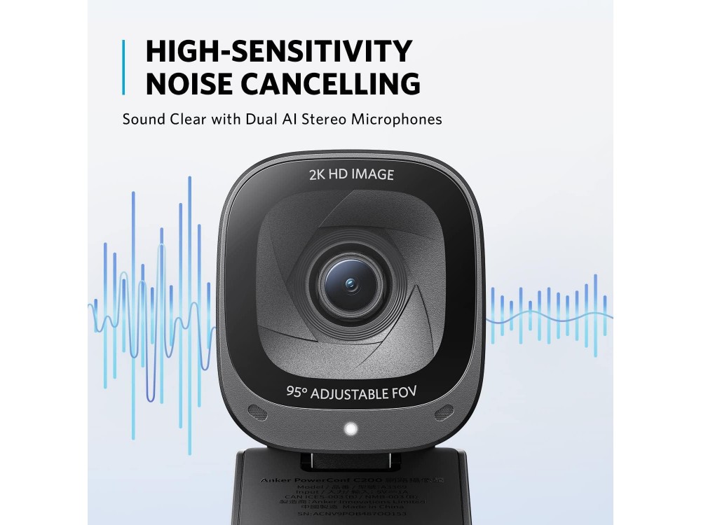 Anker PowerConf C200 2K Smart Webcam USB 2K@30fps AI Noise-Cancelling Dual Microphones, Autofocus & Built-in Privacy Cover